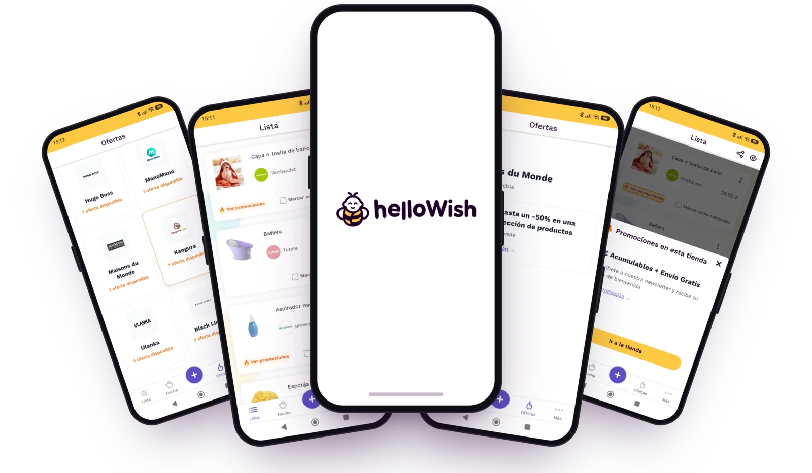 Mockups de la app HelloWish: lista, ofertas de marcas y detalle de producto